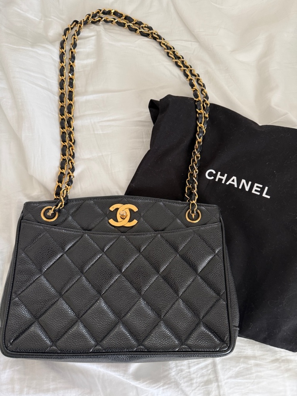CHANEL Black Quilted Leather Shoulder Bag with Gold Hardware